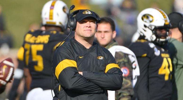 Nov 16, 2019; Columbia, MO, USA; Missouri Tigers head coach Barry Odom watches the replay board during a play review in the second half against the Florida Gators at Memorial Stadium/Faurot Field. Denny Medley-USA TODAY Sports