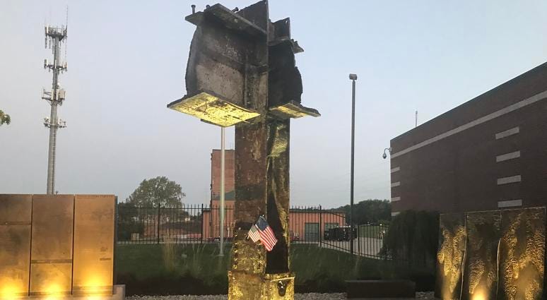 The 9/11 Memorial in Overland Park, made of girders from one of the World Trade Center Twin Towers