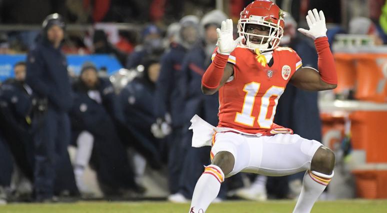 Jan 20, 2019; Kansas City, MO, USA; Kansas City Chiefs wide receiver Tyreek Hill (10) reacts during the first half of the AFC Championship game against the New England Patriots at Arrowhead Stadium.
