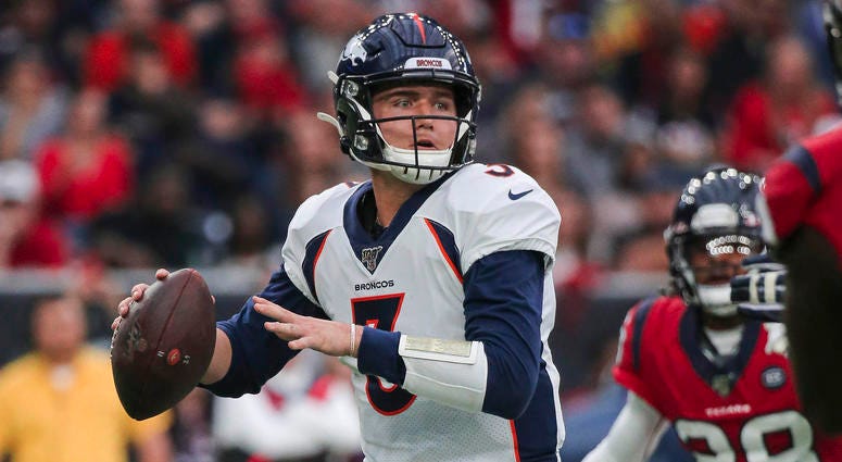 Dec 8, 2019; Houston, TX, USA; Denver Broncos quarterback Drew Lock (3) attempts a pass during the second quarter against the Houston Texans at NRG Stadium. Troy Taormina-USA TODAY Sports