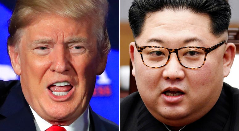 Trump and Kim Jong Un This combination of two file photos shows U.S. President Donald Trump, left, speaking during a roundtable discussion on tax cuts in Cleveland, Ohio, May 5, 2018 and North Korean leader Kim Jong Un, right, talking with South Korean President Moon Jae-in in
