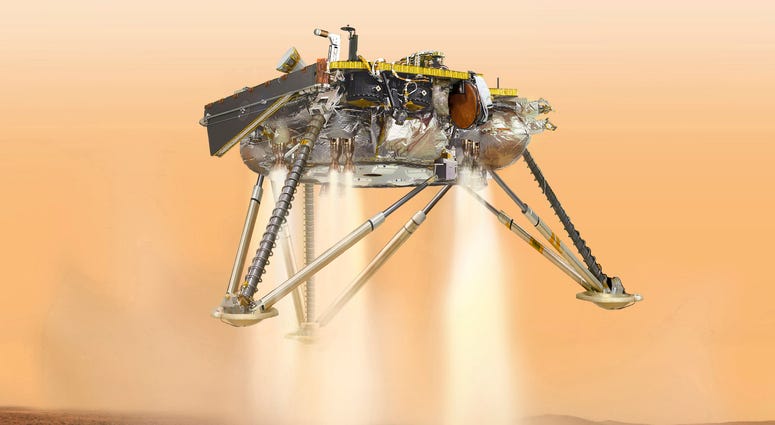 illustration of NASA's InSight lander about to land on the surface of Mars. illustration of NASA's InSight lander about to land on the surface of Mars.