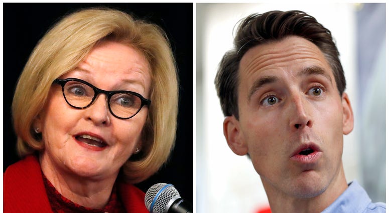 This combination of file photos shows Missouri U.S. Senate candidates in the November election, Democratic incumbent Sen. Claire McCaskill, left, and her Republican challenger Josh Hawley. This combination of file photos shows Missouri U.S. Senate candidates in the November election, Democratic incumbent Sen. Claire McCaskill, left, and her Republican challenger Josh Hawley.