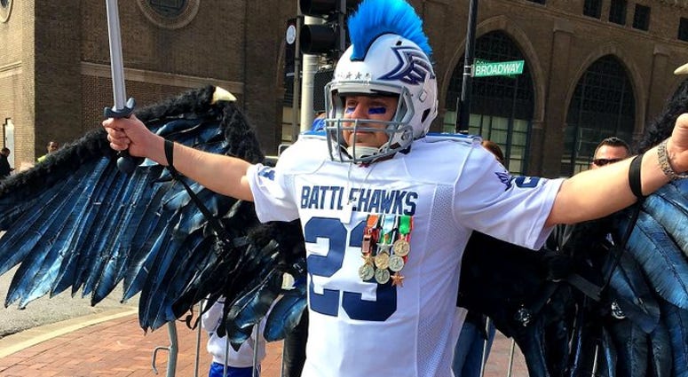Major General Mohawk awaits arrival of players on February 23, 2020 BattleHawks Fan