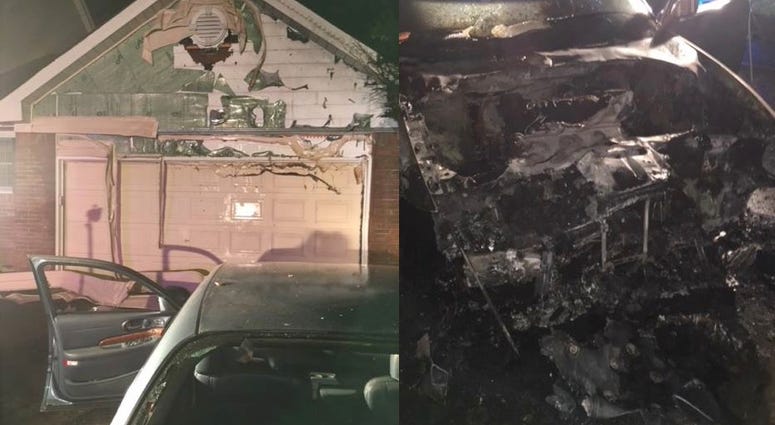 Vehicle is left charred in the driveway of a home. Vehicle is left charred in the driveway of a home.