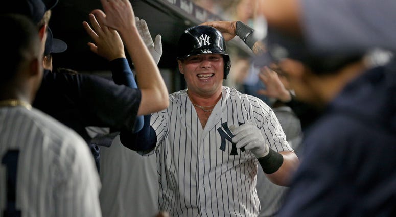 New York Yankees first baseman Luke Voit (45) celebrates his two run home run New York Yankees first baseman Luke Voit (45) celebrates his two run home run