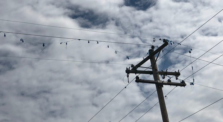 Mylar balloons stuck in power lines in Albers, Ill. on May 25, 2019 Mylar balloons stuck in power lines in Albers, Ill. on May 25, 2019