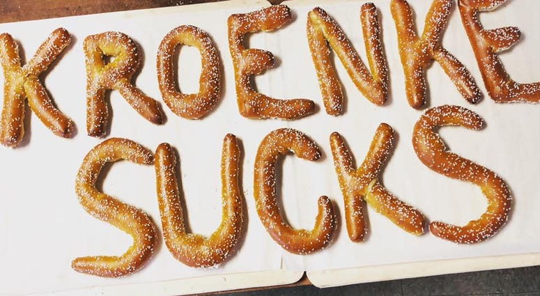 Pretzel Boy's photo on social media of "Kroenke sucks" pretzel. Pretzel Boy's photo on social media of "Kroenke sucks" pretzel.