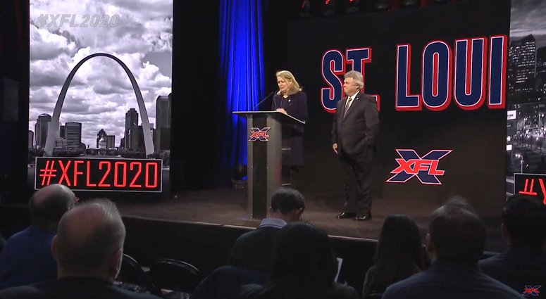 Kitty Ratcliffe, president of Explore St. Louis speaks at the XFL announcement. Kitty Ratcliffe, president of Explore St. Louis speaks at the XFL announcement.
