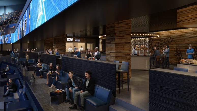 Rendering of planned The Ledge seating and tables at Scottrade Center. Rendering of planned The Ledge seating and tables at Scottrade Center.
