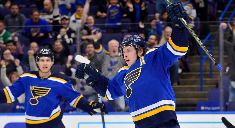 St. Louis Blues right wing Vladimir Tarasenko (91) celebrates St. Louis Blues right wing Vladimir Tarasenko (91) celebrates