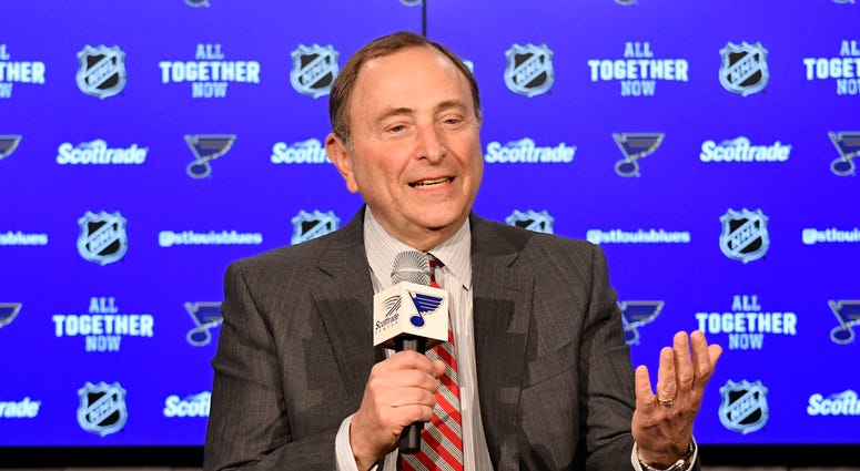 NHL commissioner Gary Bettman talks with the media prior to a St. Louis Blues game. NHL commissioner Gary Bettman talks with the media prior to a St. Louis Blues game.