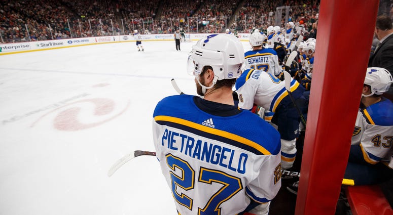 St Louis Blues defenseman Alex Pietrangelo (27) on the bench St Louis Blues defenseman Alex Pietrangelo (27) on the bench