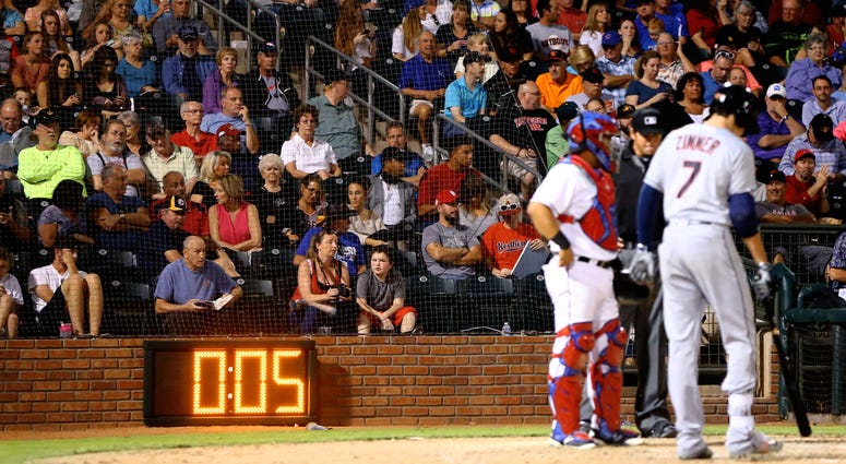 Detailed view of an electronic pitch/pace of play clock in use during the Arizona Fall League Fall Stars game Detailed view of an electronic pitch/pace of play clock in use during the Arizona Fall League Fall Stars game
