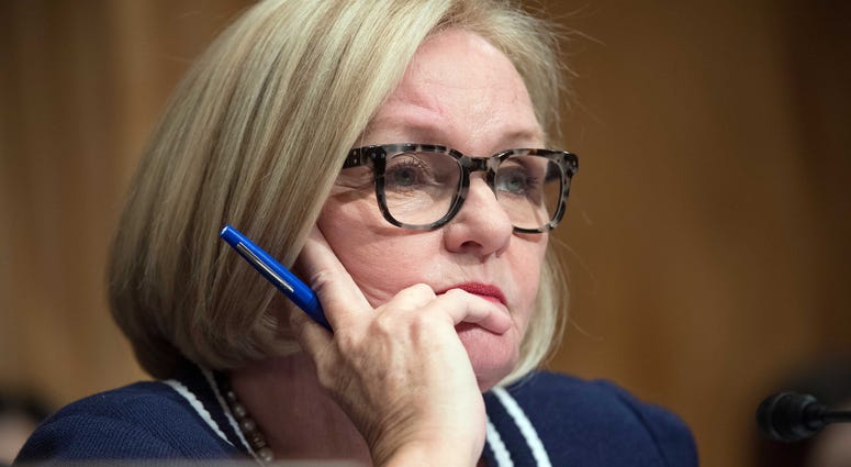 Jan 10, 2017; Washington, DC, USA; Senator Claire McCaskill, D-Missouri, questions John F. Kelly, nominee for Secretary of Homeland Security, during confirmation hearing before the Senate Homeland Security and Governmental Affairs Committee.