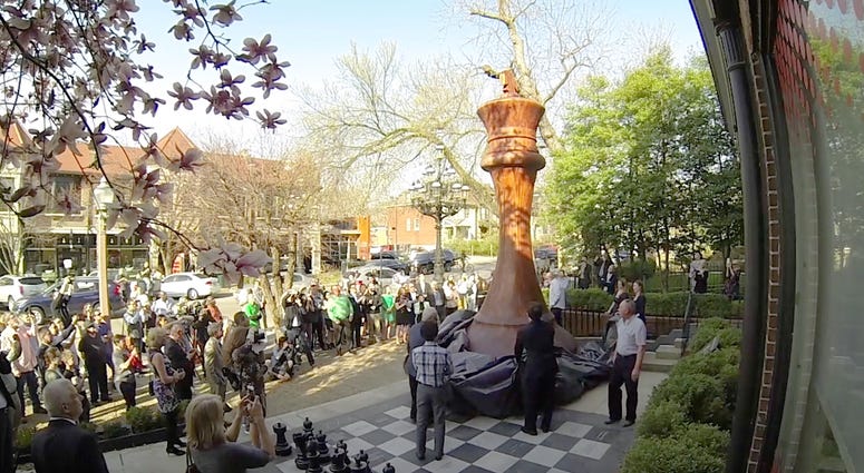 The new world-record largest chess piece is unveiled outside the World Chess Hall of Fame in St. Louis. The new world-record largest chess piece is unveiled outside the World Chess Hall of Fame in St. Louis.