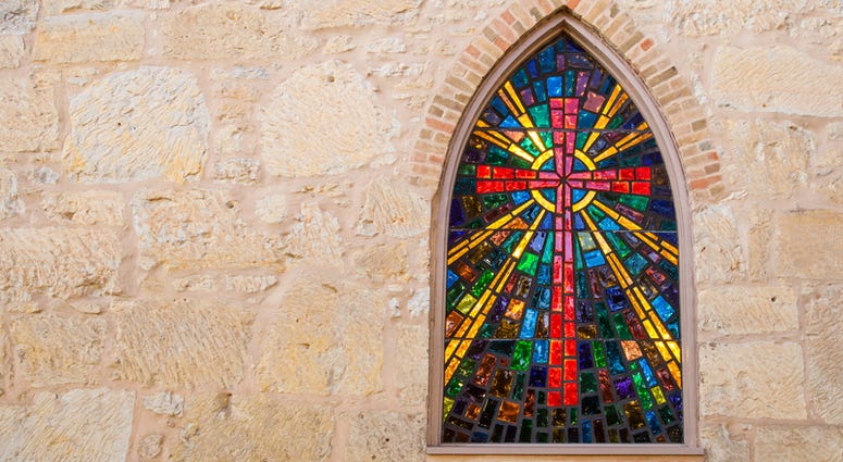 church, cross Gothic style church window with stained glass