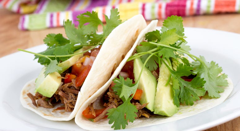 taco, mexican Pulled pork soft taco with avocado and cilantro