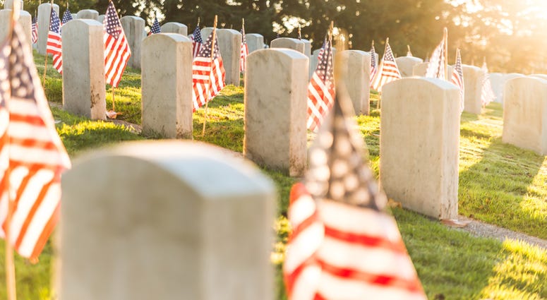 cemetery National Cemetery with a flag on Memorial day in Washington,Usa..