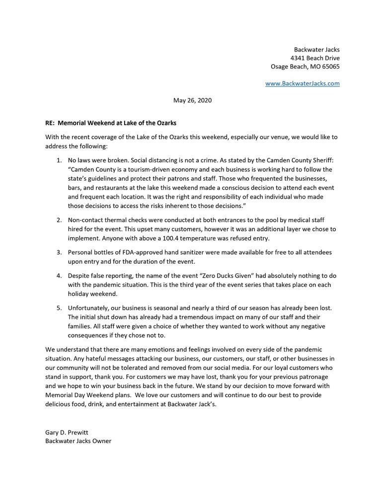 Backwater Jacks response letter