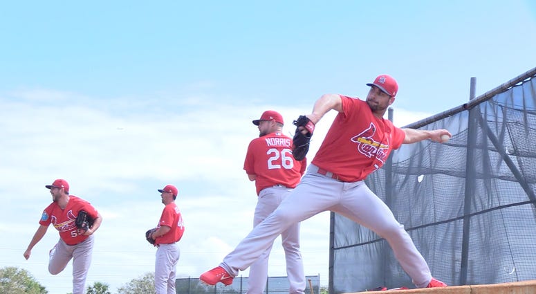 Pitchers throw a bullpen session at St. Louis Cardinals spring training Pitchers throw a bullpen session at St. Louis Cardinals spring training