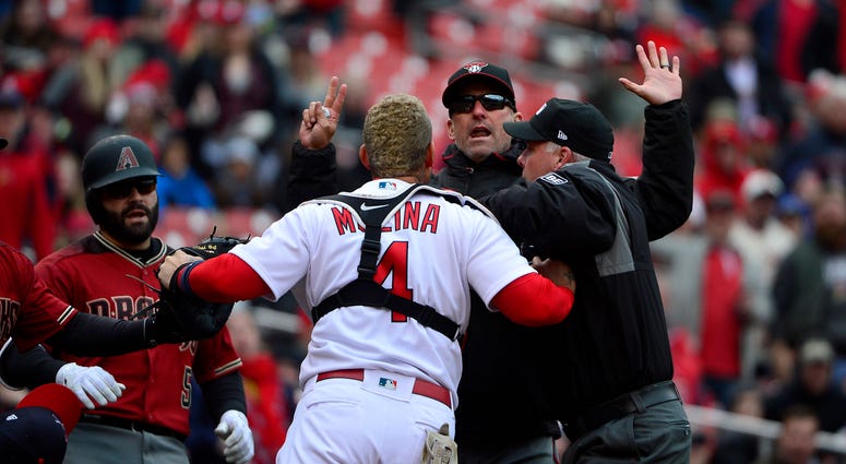 Catcher Yadier Molina yells at the Diamondbacks manager. Catcher Yadier Molina yells at the Diamondbacks manager.