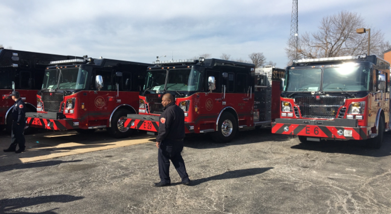 Jan. 31, 2018 - St. Louis city firefighters show off nearly a dozen new trucks and other pieces of equipment purchased as a result of the 2016 passage of Prop F, a $25 million no tax increase general obligation bond.