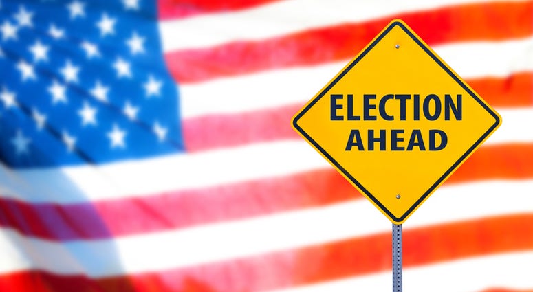 voting ahead, election Election ahead sign with the american flag on a background.