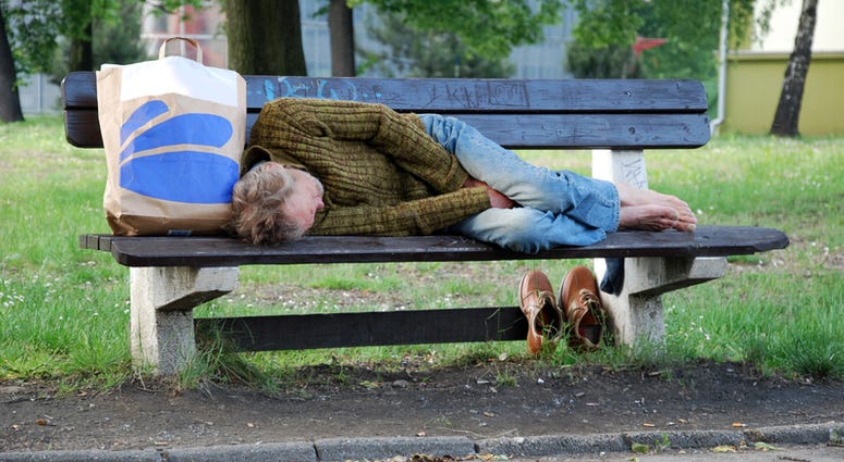 homeless, bench Old homeless man sleeping on bench