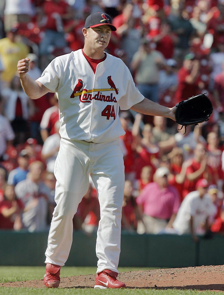 St. Louis Cardinals pitcher Jason Isringhausen celebrates the last out of a 4-1 victory in 2007. St. Louis Cardinals pitcher Jason Isringhausen celebrates the last out of a 4-1 victory