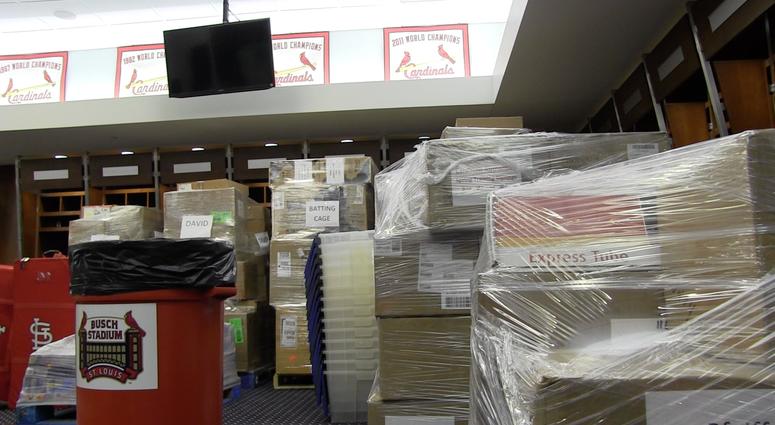 Boxes are stacked and ready to be shipped inside the St. Louis Cardinals Clubhouse Boxes are stacked and ready to be shipped inside the St. Louis Cardinals Clubhouse