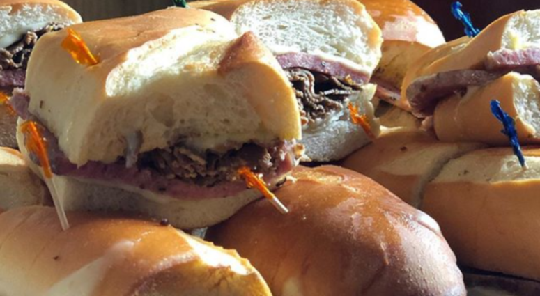 Photo of Gioia's hot salami and roast beef sandwich. Photo of Gioia's hot salami and roast beef sandwich.