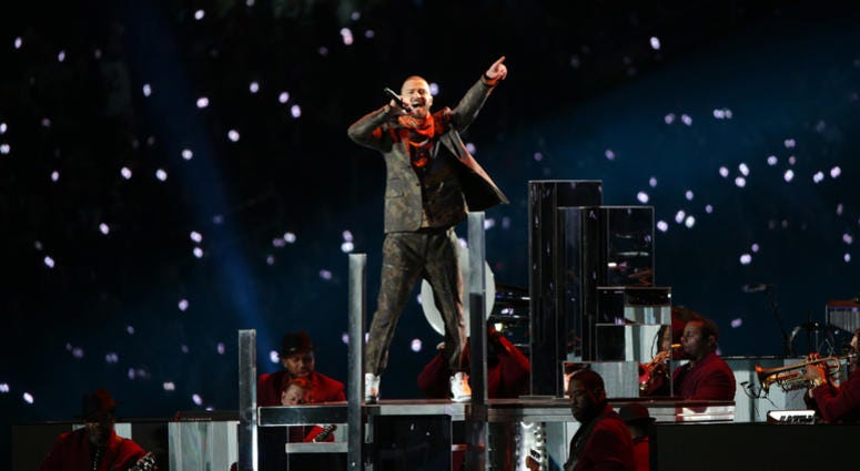 Feb 4, 2018; Minneapolis, MN, USA; Justin Timberlake performs during half time in Super Bowl LII between the New England Patriots and the Philadelphia Eagles at U.S. Bank Stadium.