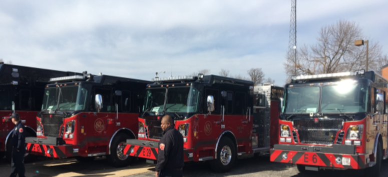 Jan. 31, 2018 - St. Louis city firefighters show off nearly a dozen new trucks and other pieces of equipment purchased as a result of the 2016 passage of Prop F, a $25 million no tax increase general obligation bond.