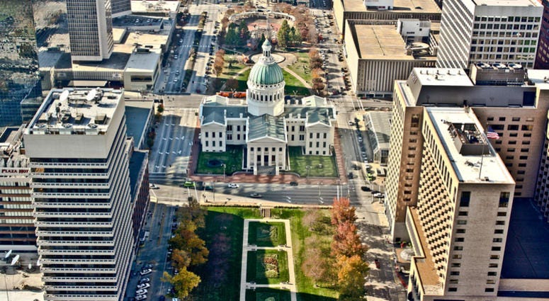 St. Louis aerial, old court house Aerial view of the city of St. Louis, Missouri