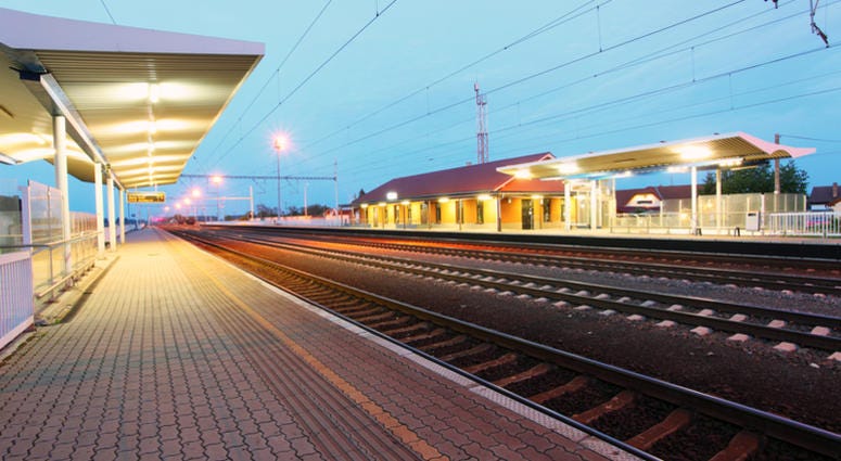 train platform Railway with train platform at night - Slovakia