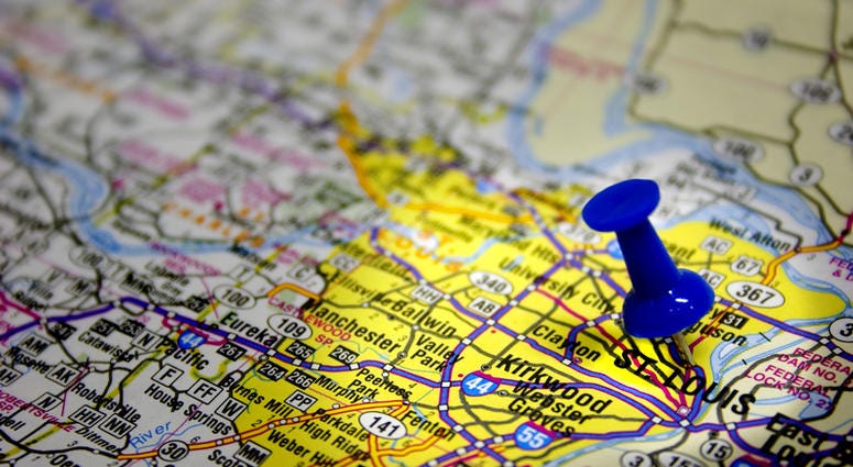 Missouri map with tack and spotlight focused on St. Louis