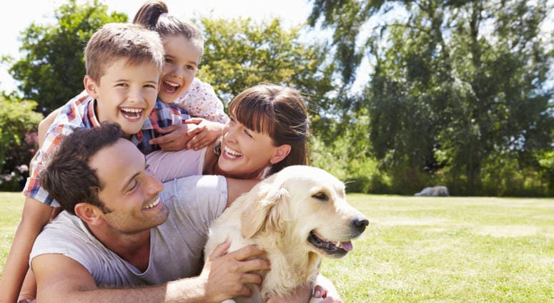 dog, family Family Relaxing In Garden With Pet Dog