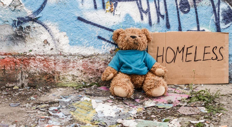 Homeless a teddy bear sits next to a cardboard homeless sign
