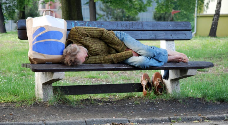 homeless, bench Old homeless man sleeping on bench