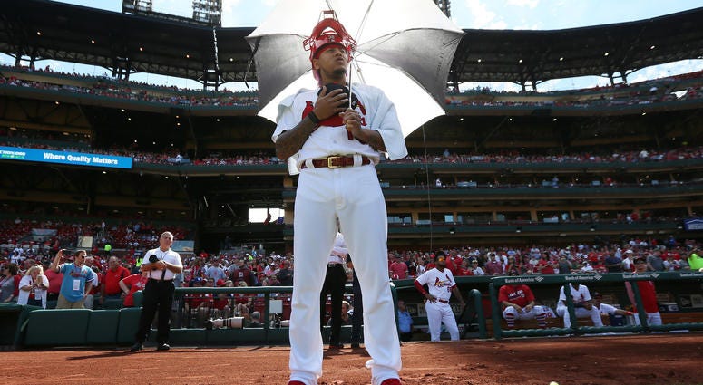 St. Louis Cardinals pitcher Carlos Martinez with an umbrella and catchers mask St. Louis Cardinals pitcher Carlos Martinez with an umbrella and catchers mask