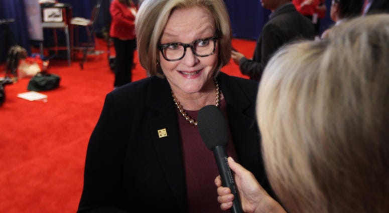 Sen. Claire McCaskill (D-Mo) speaks to reporters in the spin room following the second presidential debate at Washington University in St. Louis on October 9, 2016.