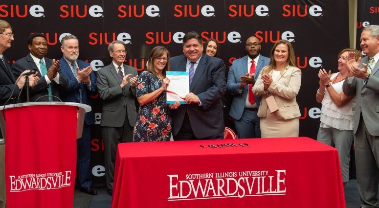 Gov. JB Pritzker at SIUE with Katie Stuart