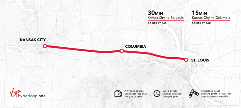 Map of possible Hyperloop One route through Missouri. Map of possible Hyperloop One route through Missouri.