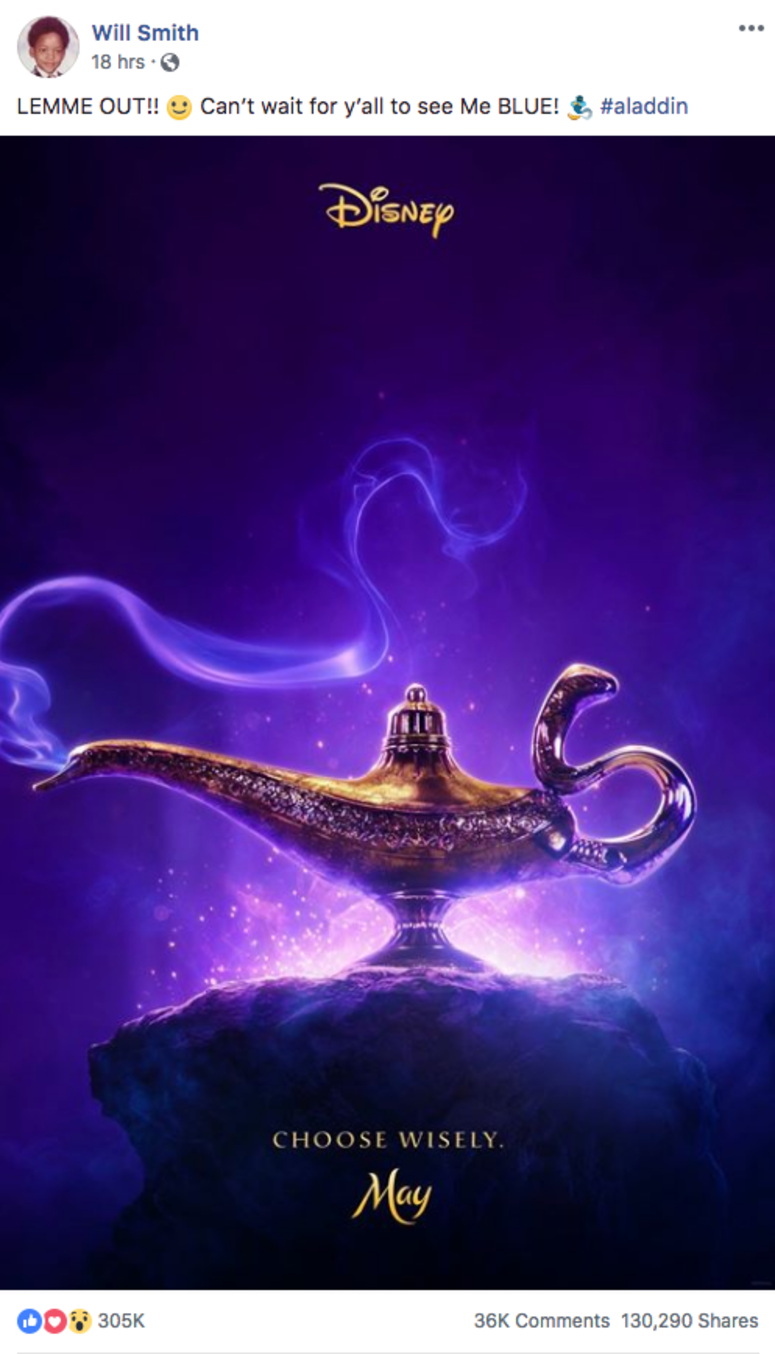 Screenshot of Will Smith's post on Facebook of the 'Aladdin' movie poster. Screenshot of Will Smith's post on Facebook of the 'Aladdin' movie poster.