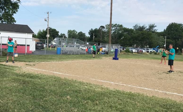 A.J. Ashby at the plate with his dad pitching in the Minds Eye Beepball tournament in St. Louis. A.J. Ashby at the plate with his dad pitching in the Minds Eye Beepball tournament in St. Louis.