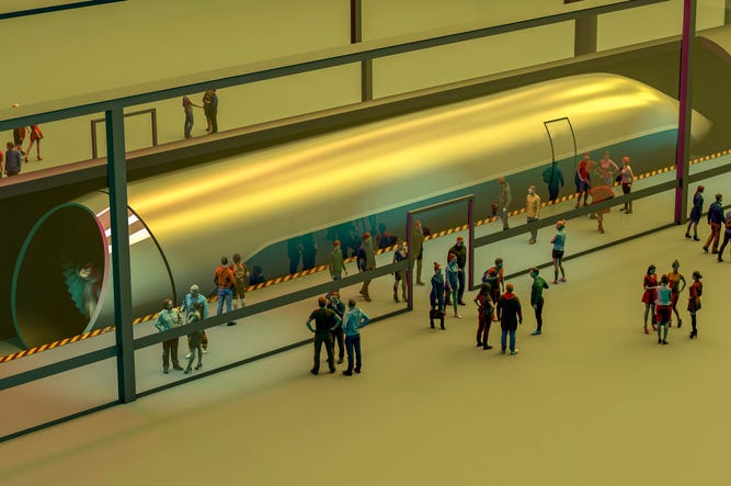 De Dallas A Austin En 17 Minutos En El Hyperloop De Virgin Train station and Hyperloop. Passengers waiting for the train. Futuristic technology for high-speed transport of goods and passengers in low-pressure pipes. 3d rendering