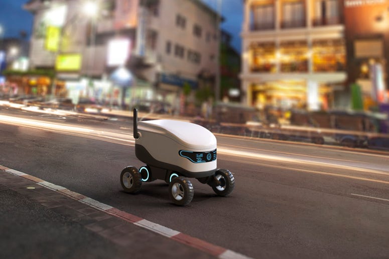 Robots Entregan Comida En La Universidad de Dallas Self-driving delivery robot concept. 3D illustration