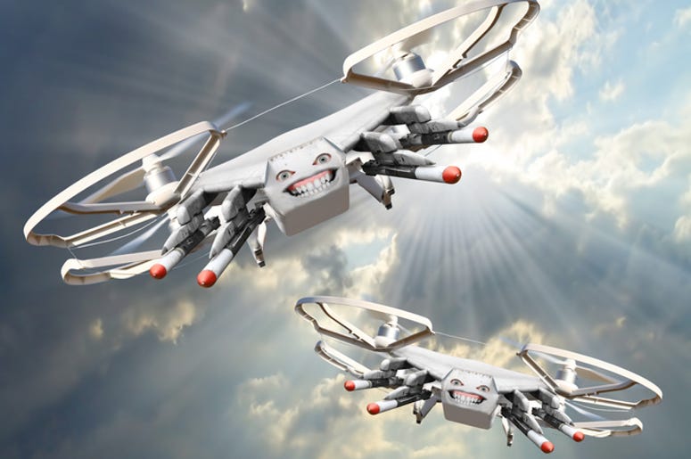 Dron Ataca A Borrachos En La Calle Drone with missiles. New technology for war. Digital artwork fictional vehicles on UAV theme.