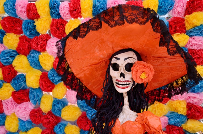 Lanzan Barbie Catrina Para El Día De Muertos Day of the dead. Traditional Mexican Catrina skeleton against an old wall.